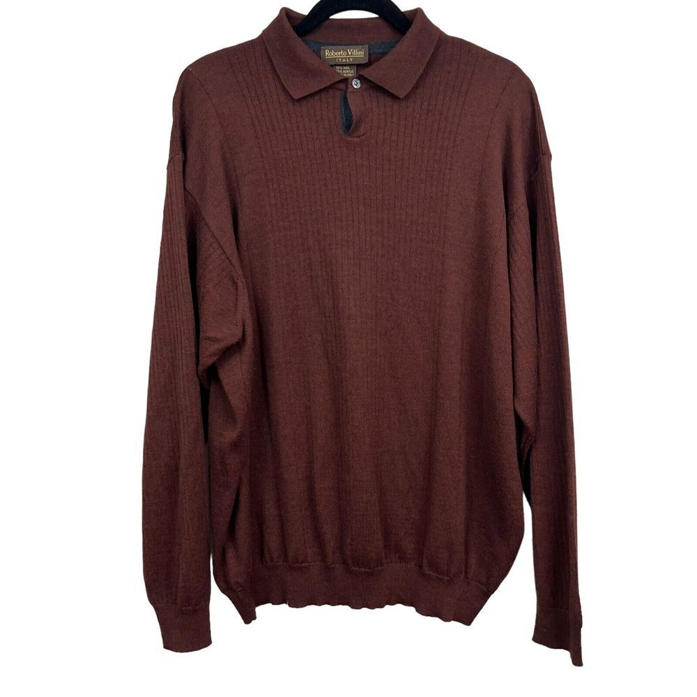 Roberto Villini Mens Wool Blend Sweater Collared Burgundy Sz XL Made In Italy*